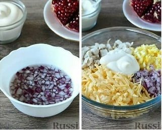 Удивите гостей ярким и нарядным блюдом! Очень нежный и вкусный салат НОВОГОДНИЙ САПОЖОК Не оставит равнодушным никого! Ингредиенты: Филе куриное 200 г Сыр твердый 100 г Яйца 2 шт. Лук репчатый